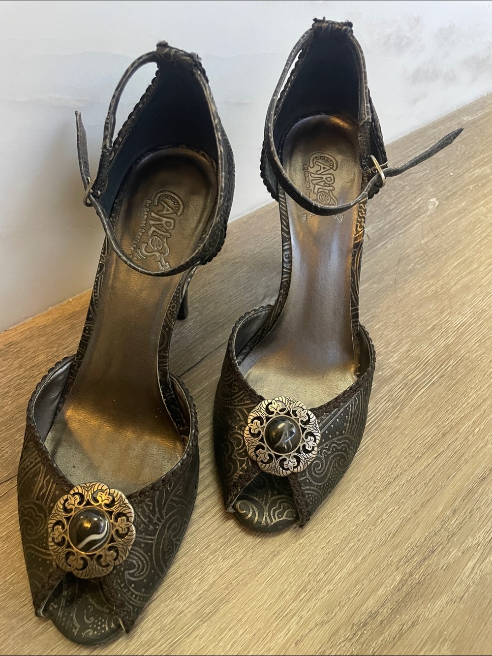Carlos by Carlos Santana Black Patterned Peep-Toe Ankle-Strap Heels